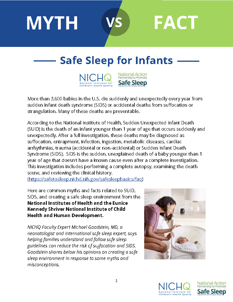 Myth versus Fact Safe Infant Sleep FAQ page with blue and green header 